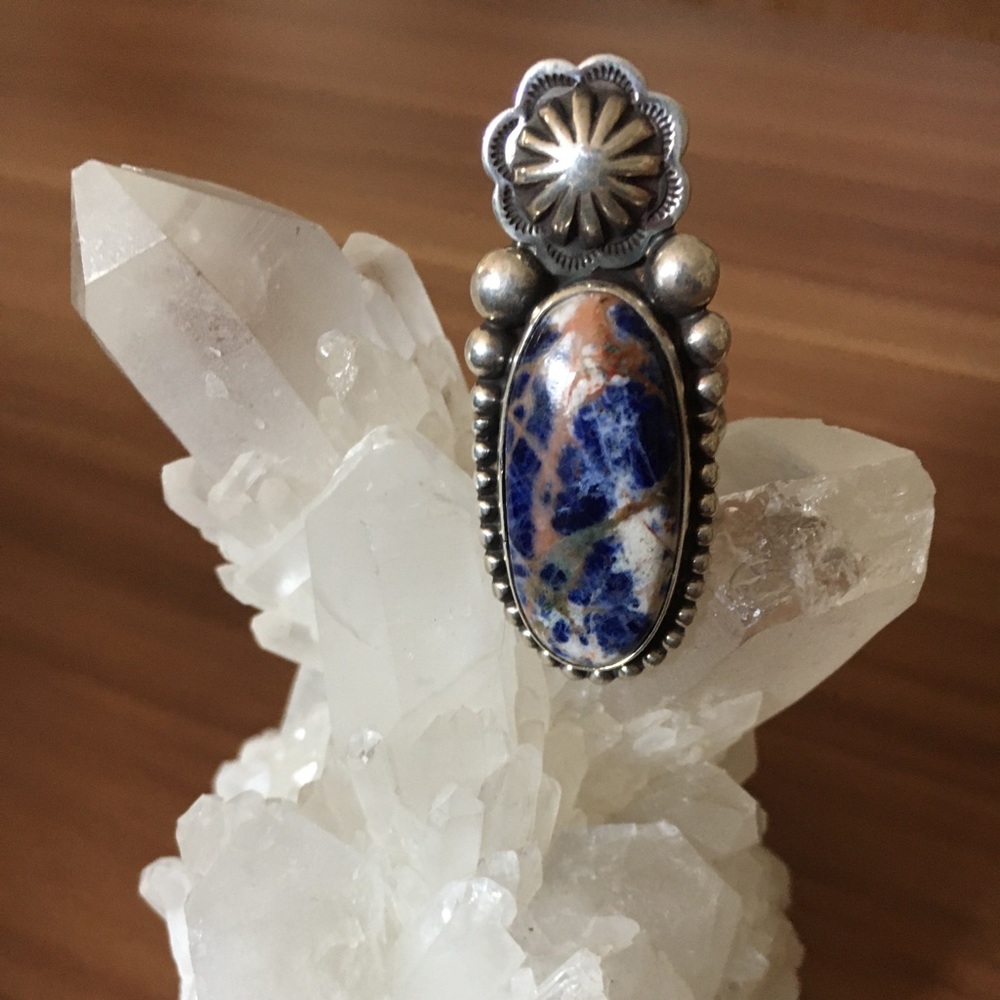 Large Sodalite Stone Ring, Sterling Silver, Boho, Southwestern, Johnny Was